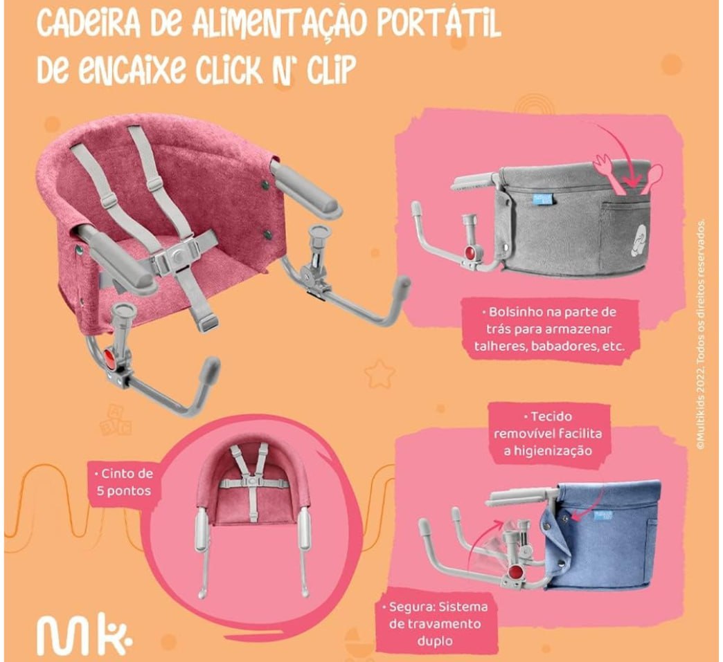 Cadeira de Alimentação de Encaixe em Mesa 6M-15Kg Multikids Baby Click N Clip Rosa - BB378