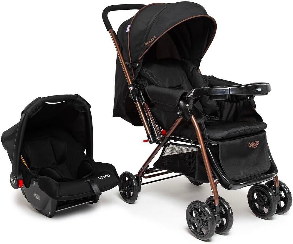 Carrinho Travel System Reverse + Bebê Conforto Cosco Preto Bronze