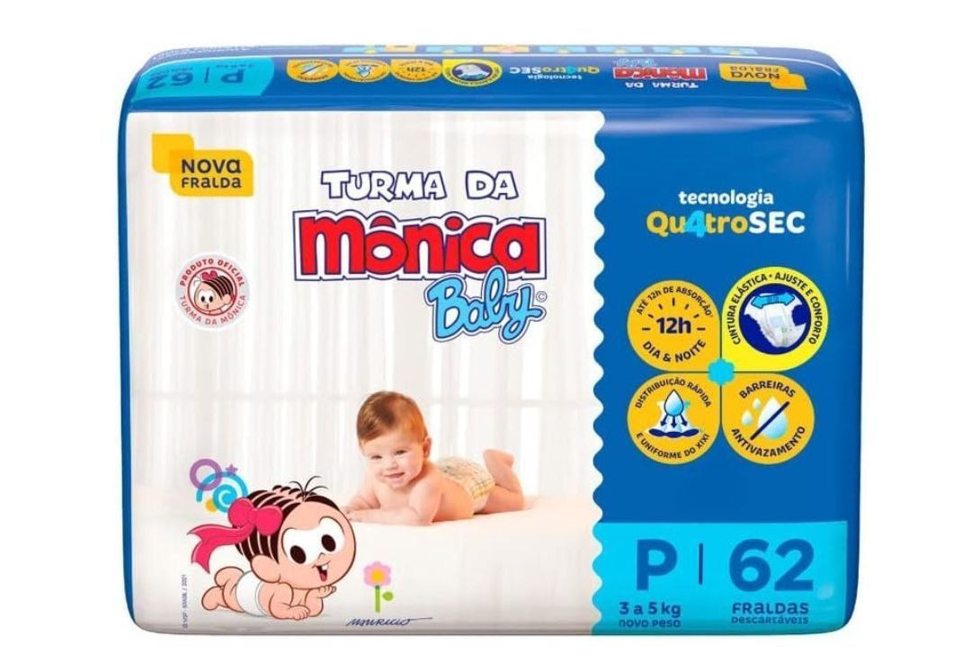 Fralda Turma da Mônica Baby Mega P 62 Unidades