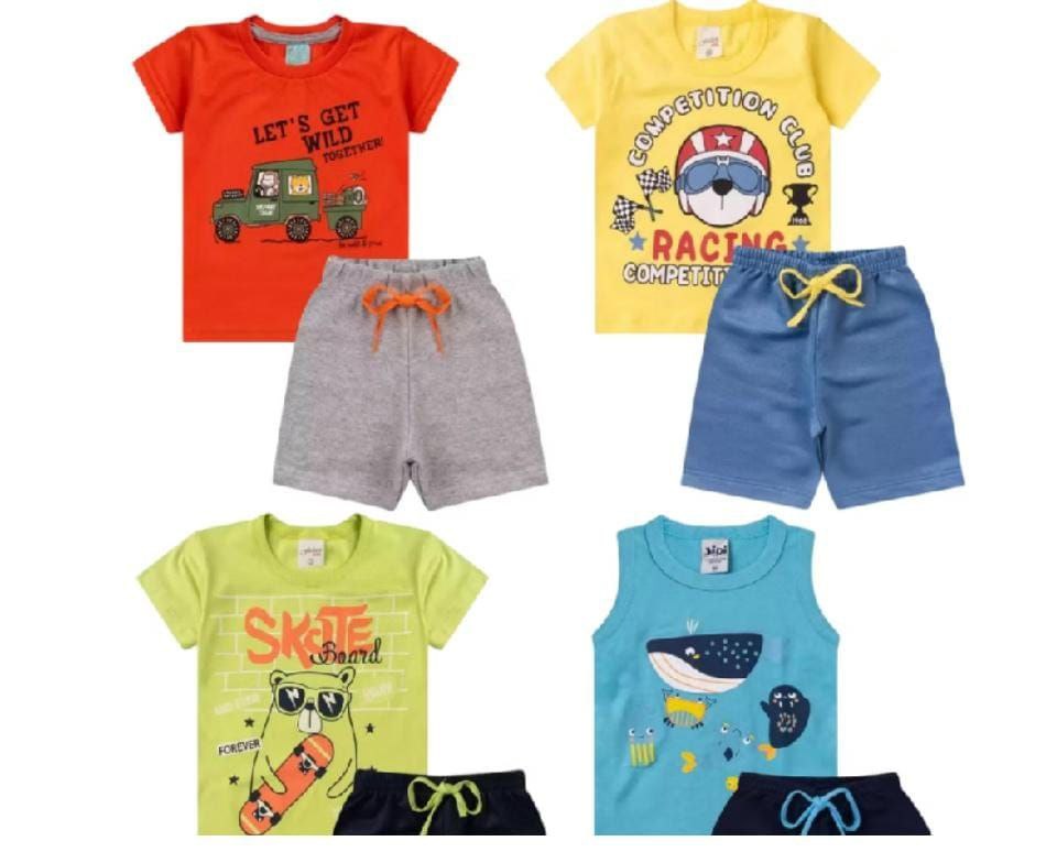 kit 4 peças de Roupa Infantil Masculino Verão -Conjunto Infantil Menino - 2 camisa e 2 bermuda Conjunto Masculino