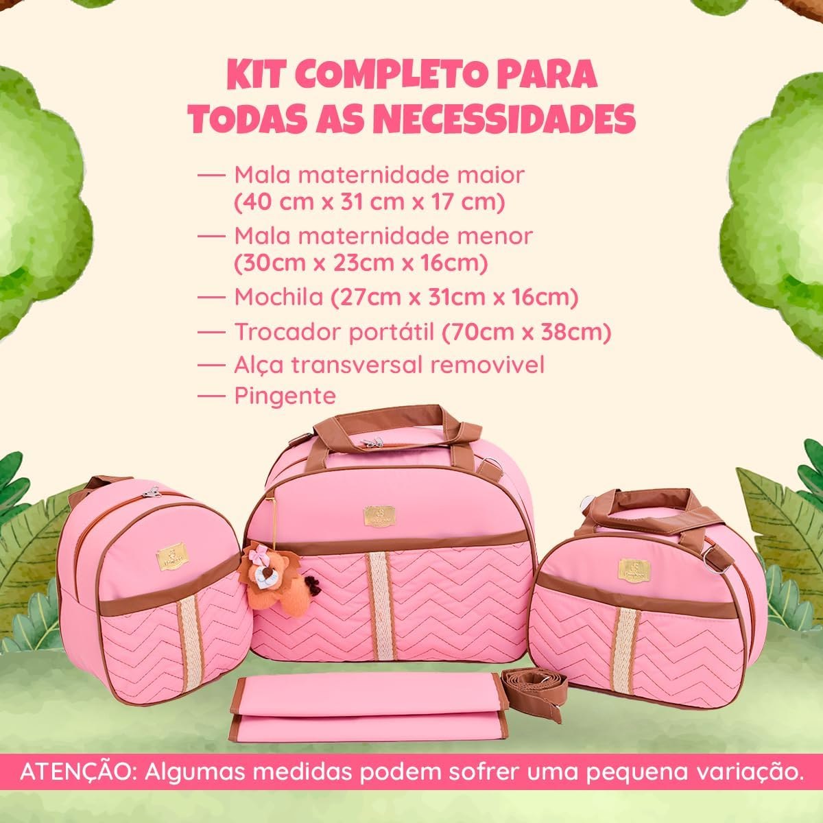 Kit Bolsa Saída Maternidade Mochila Bordado 4 Peças Plus Moderno Enxoval Luxo Multifunções (ROSA)