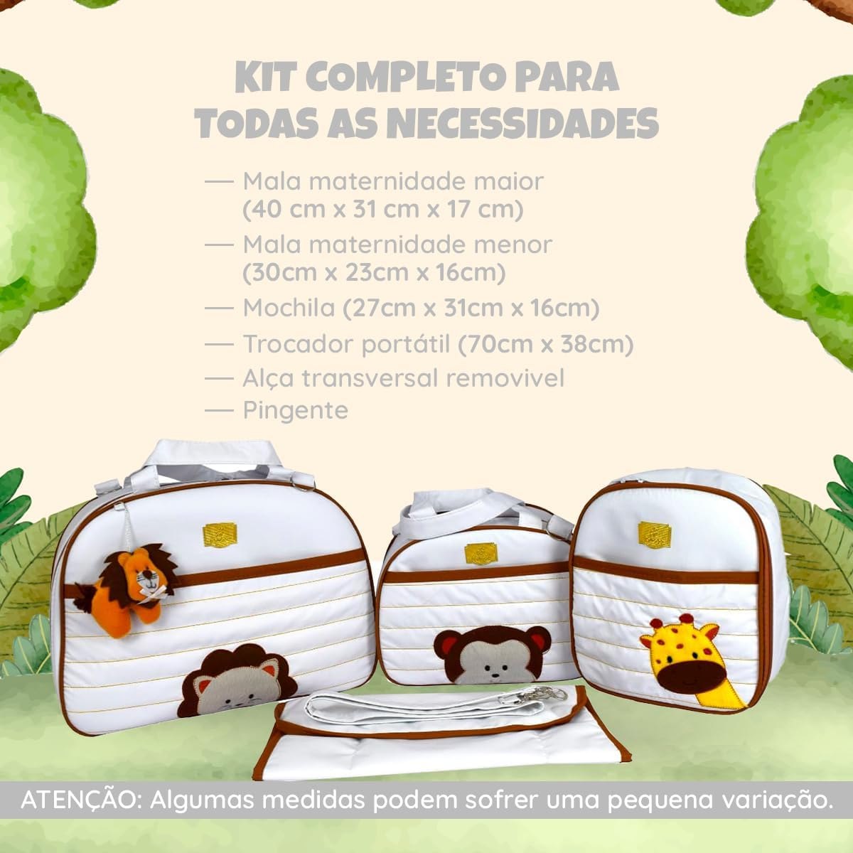 Kit Bolsa Saída Maternidade Mochila Safári Bordado 4 Pçs Zoo (BRANCA)