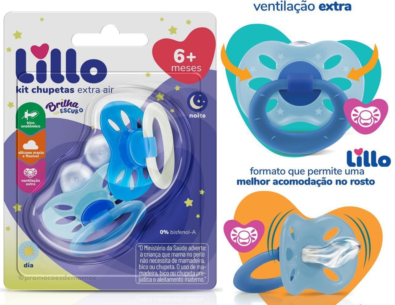 Kit de Chupeta Anatômica Extra Air Dia e Noite 6+ Meses Lillo - Azul