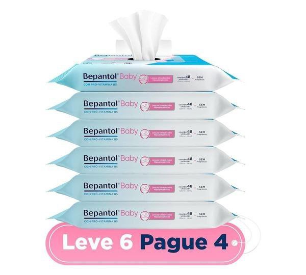 Kit Lenços Umedecidos Bepantol Baby 288 unidades (6 Pacotes com 48 Unidades Cada)