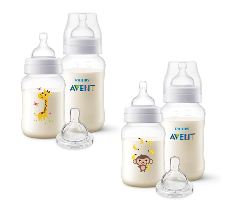 Kit Mamadeiras Anti-colic 260ml  e 330ml + Bico T4 6m+ Avent (Girafa ou Macaco)