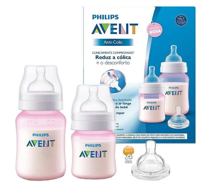 Kit Mamadeiras Anti Colica Avent 2 Unid 125 E 260Ml + Bico Extra Rosa
