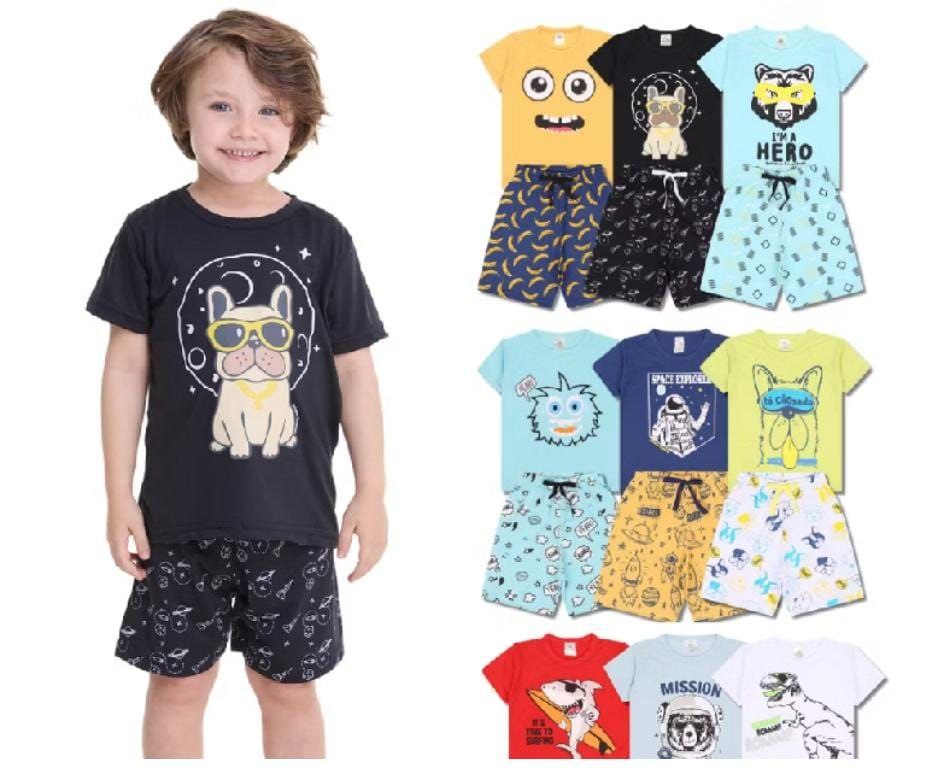 Kit Sortido 10 Peças Pijama Infantil Menino - 5 Camisetas + 5 Bermudas -