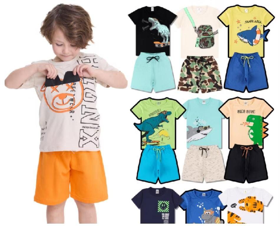 Kit Sortido Interativo 10 Peças de Roupas Infantil Menino Verão (5 Camisetas + 5 Bermudas) Kit 5 Conjuntos de Roupa Infantil Menino