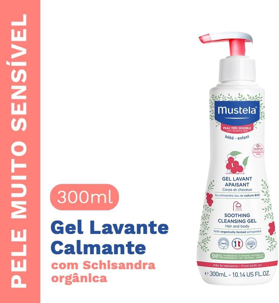Lavante Calmante sem Fragrância para Pele Muito Sensível/Sensibilizada dos Bebês e Crianças, Mustela Bebê, Rosa, Médio/300 ml