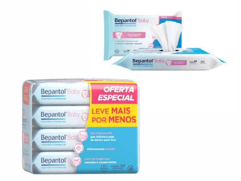 Pacote de Lenço Umedecido Bepantol Baby com 4 pacotes de 48 unidades cada
