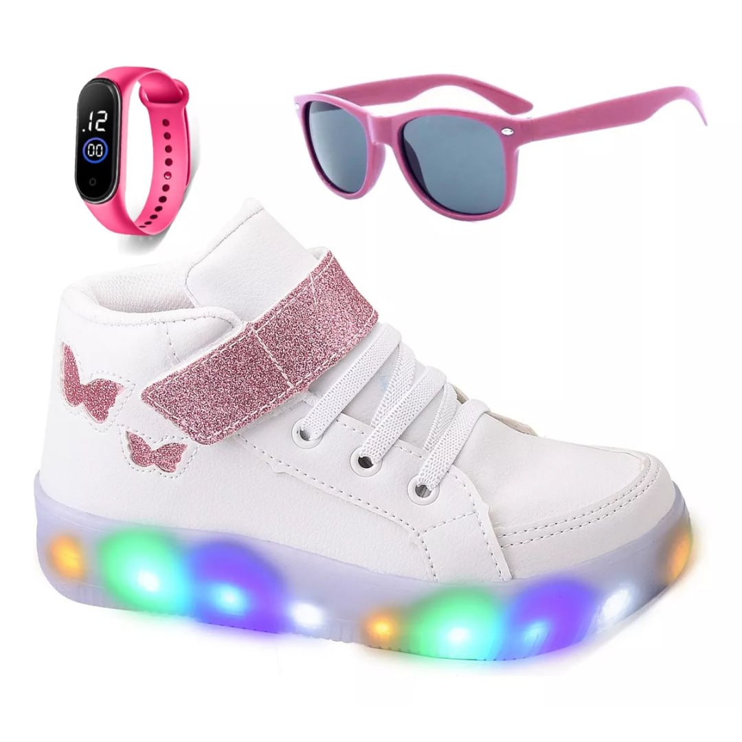 🤩Tênis Feminino Infantil De Led Borboleta + Óculos E Relógio
