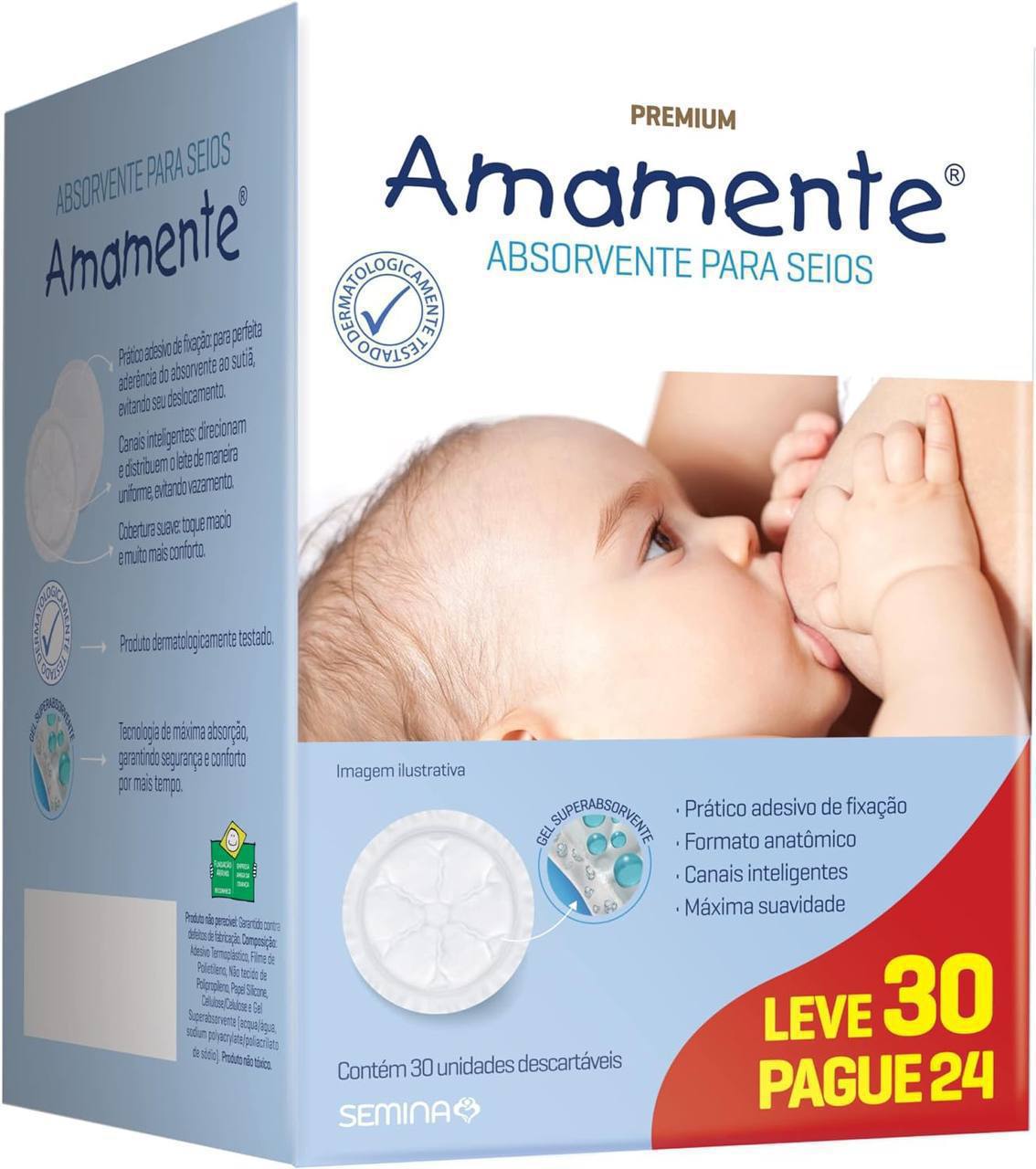 Absorvente para Seios Amamente - Descartável, M com 30 unidades