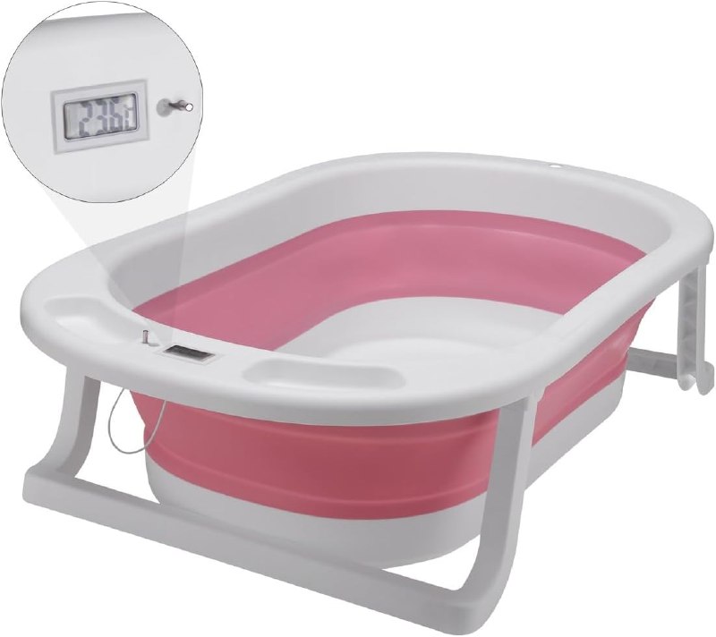 Banheira Retratil Portátil Dobrável Infantil com Termometro Digital Banho Bebê Rosa