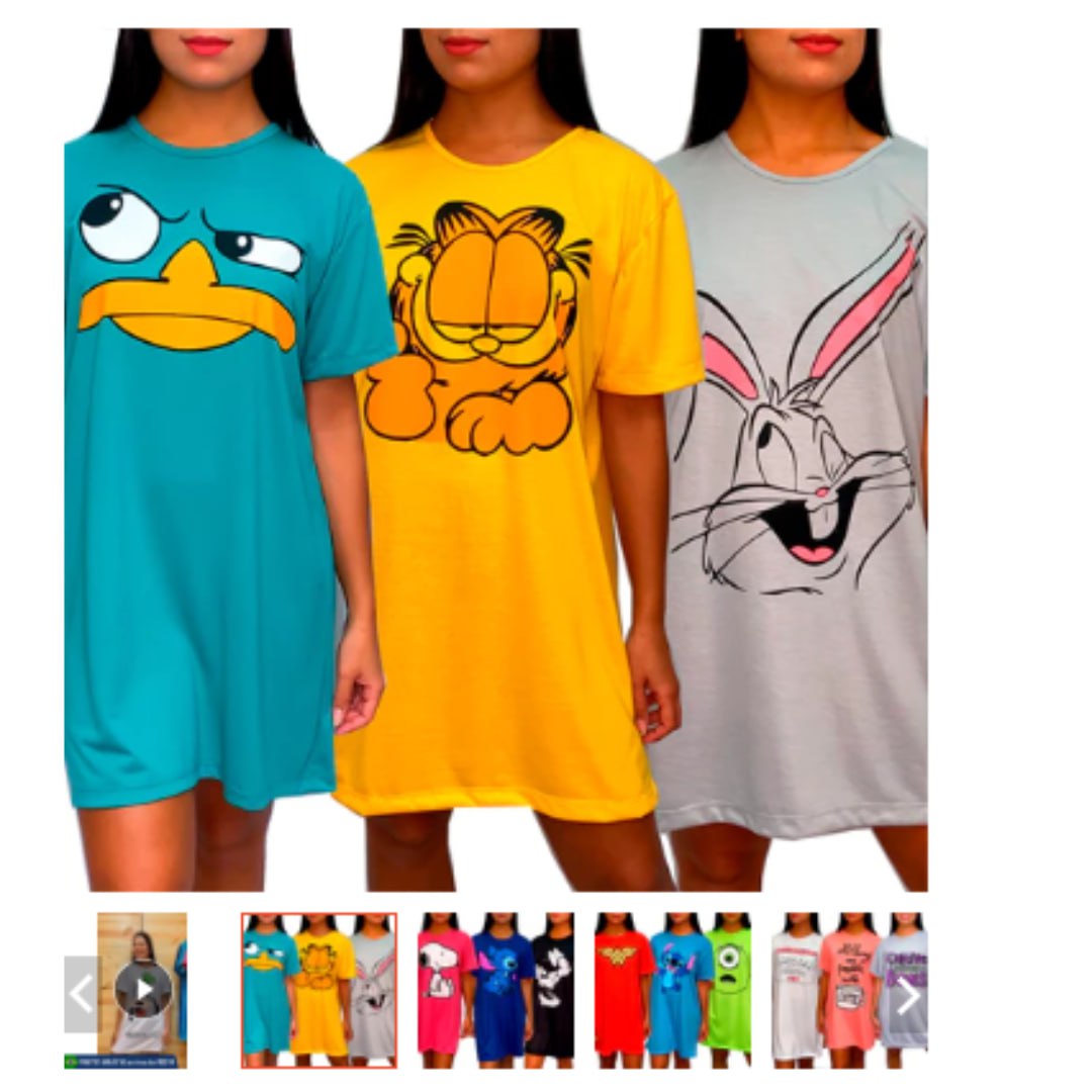 Camisola Camisão de Personagem Feminino Desenhos Divertidos Manga Curta Adulto