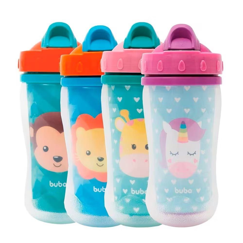 Copo Parede Dupla Buba Animal Fun Com Canudo de Silicone Retrátil Higiênico Anti Vazamento
