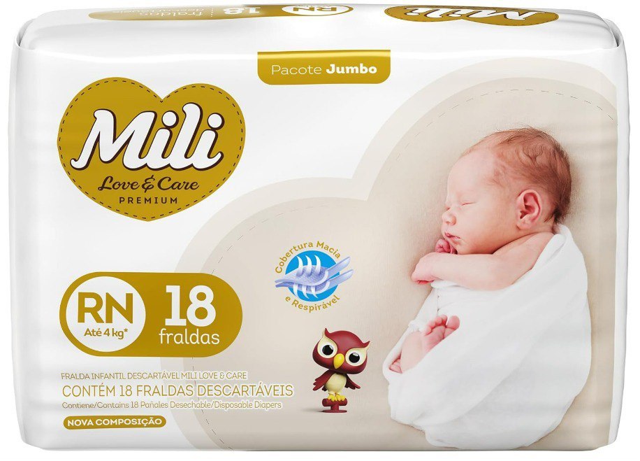 Fralda Mili  Love & care, Récem nascido RN 18 unidades