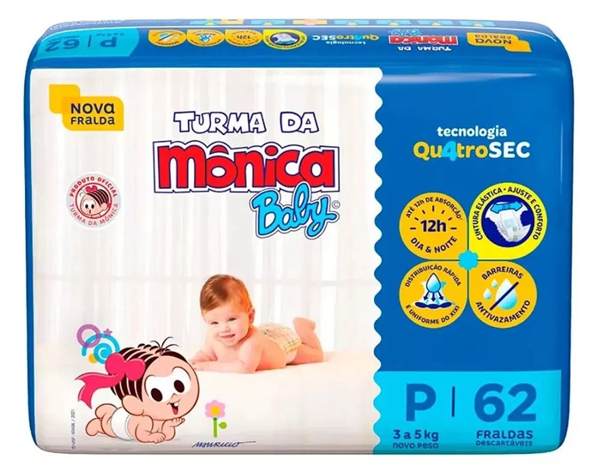 Fralda Turma da Mônica Baby Mega P 62 Unidades