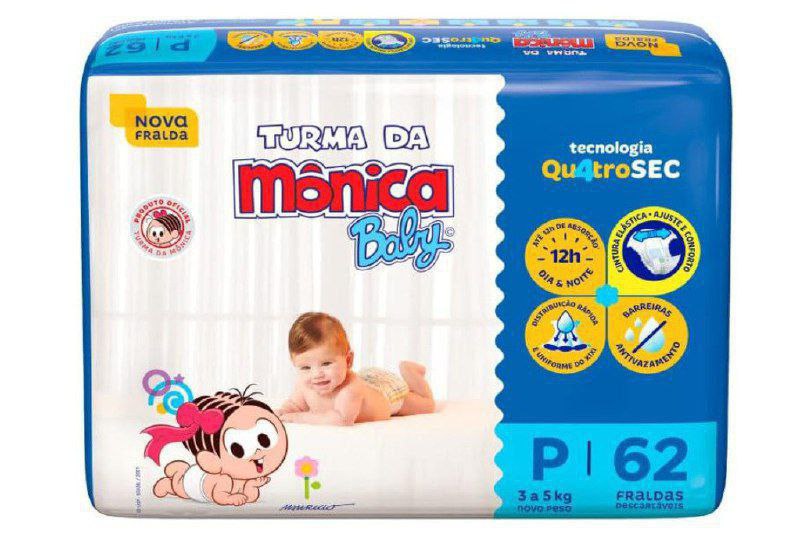 Fralda Turma da Monica Baby Mega P 62 Unidades, Turma da Mônica Baby, Azul, P
