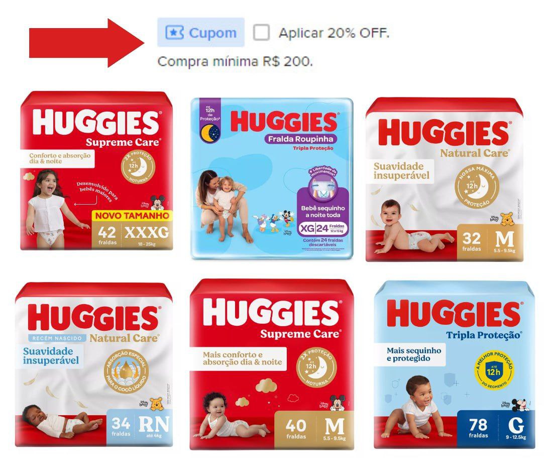 Fraldas Huggies com desconto extra de 20% off do cupom comprando acima de R$200