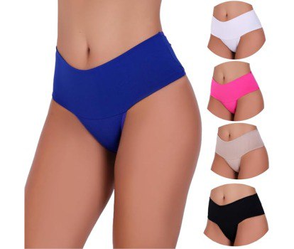 🛍 Kit 5 Calcinhas Cintura Alta Compressão Cós Alto Fitness Power Zero Barriga Pala Cós Duplo