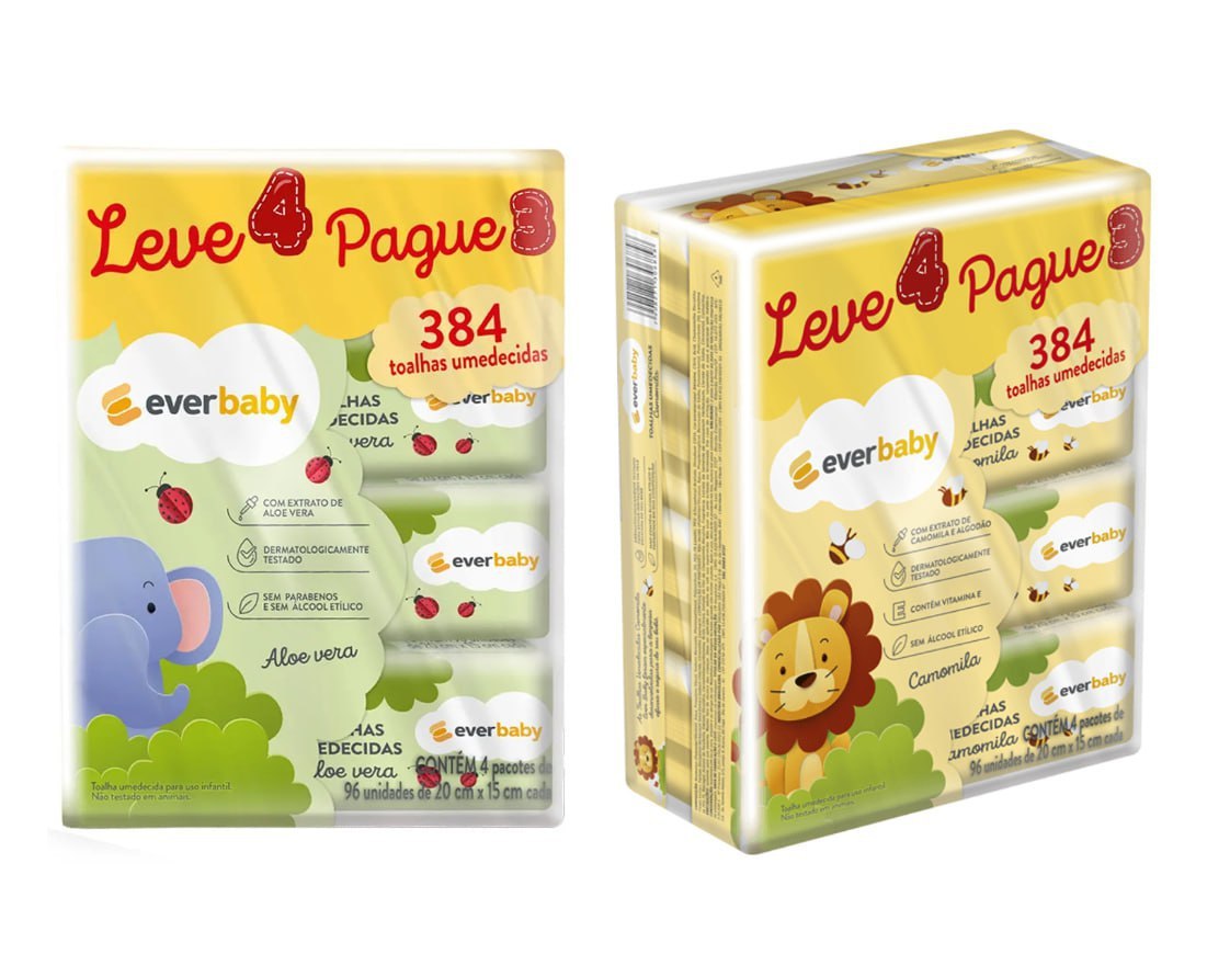 Kit Lenço Umedecido Ever Baby 384 unidades (4 pacotinhos com 96 unidades cada)