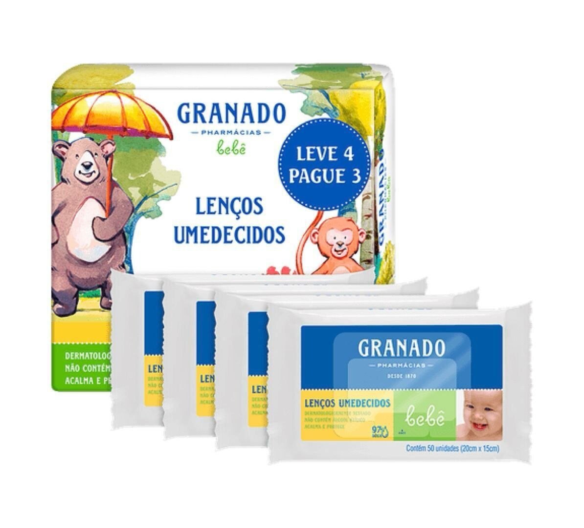 Kit Lenço Umedecido Granado Bebê Tradicional 4 Pacotes com 50 Unidades