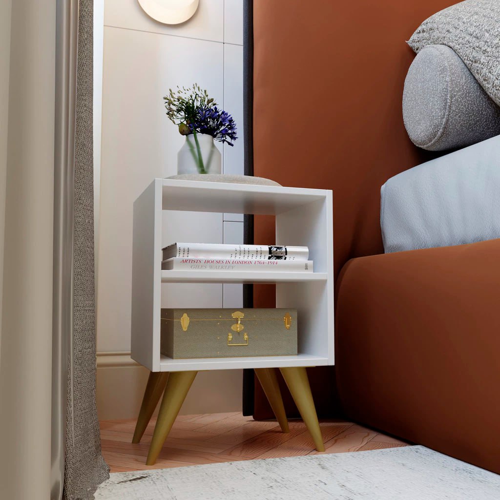 Mesa de Cabeceira Nicho Quarto Casal Decoração Retro Palma Branco