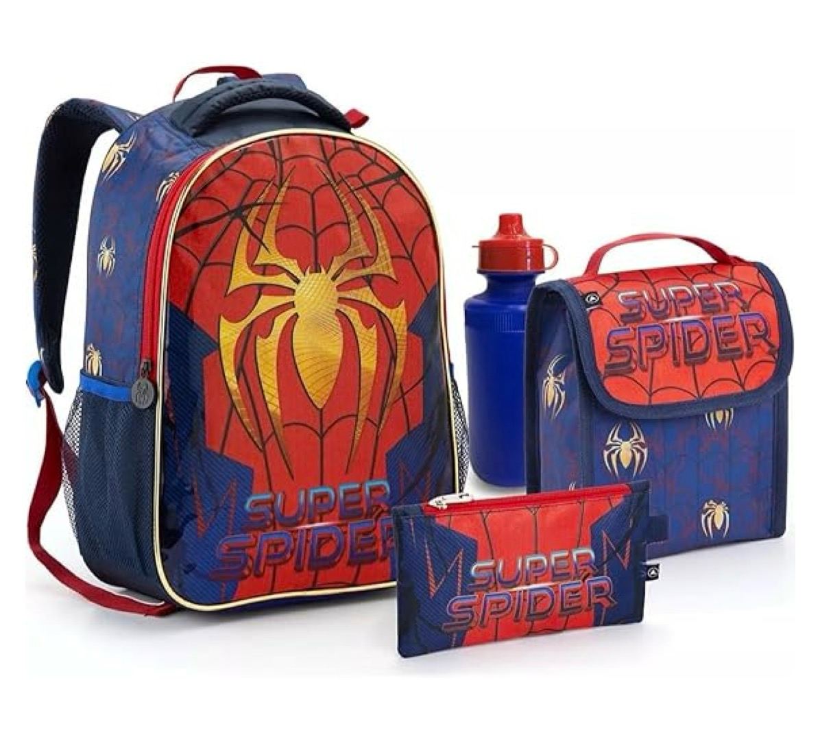 Mochila + Lancheira + Estojo Infantil Homem Aranha Azul Menino Bolsa Mala Escolar