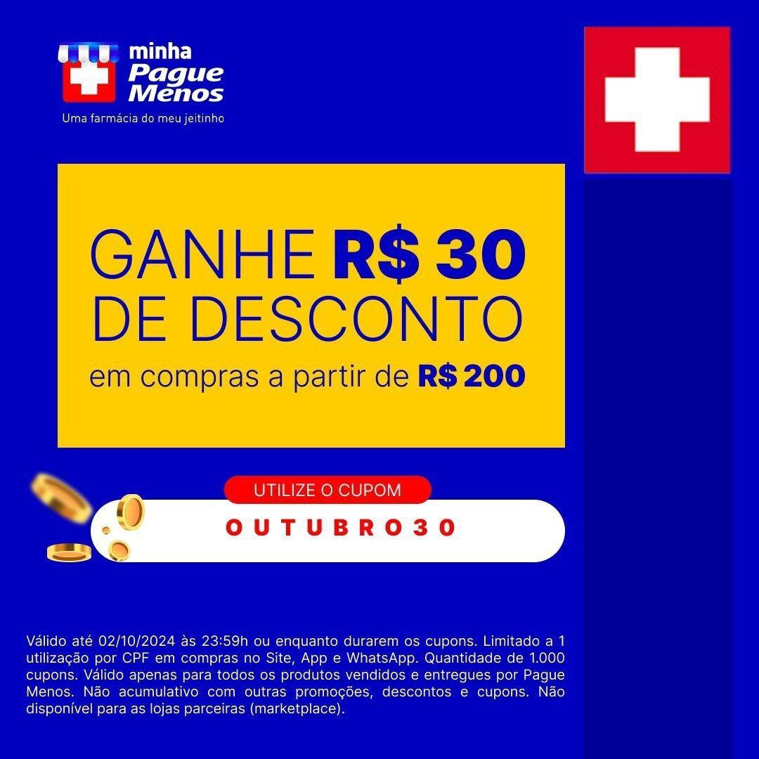 Novo cupom liberado na Pague Menos. Poucos cupons disponíveis!