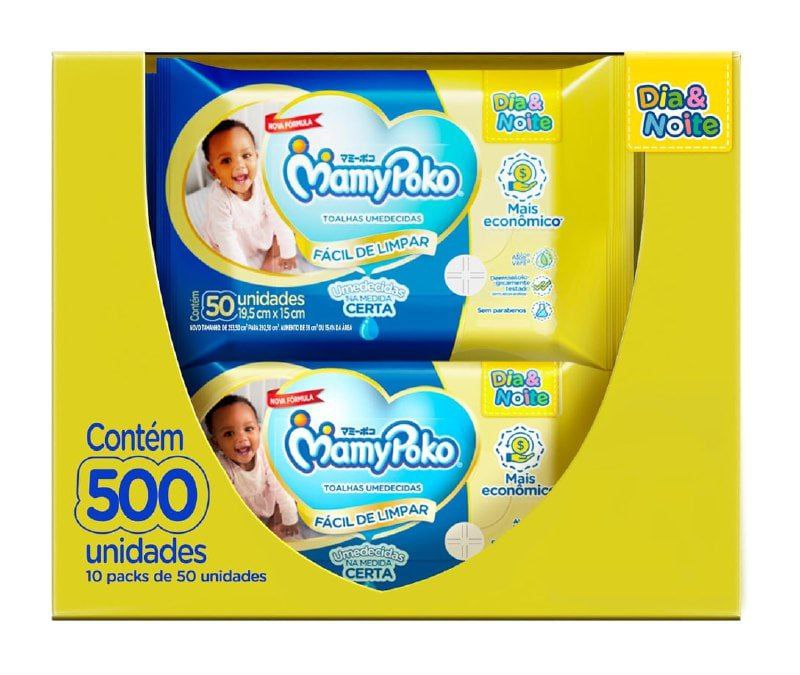 Toalha Umedecida MamyPoko Dia&Noite - 500 Unidades (10 pacotes com 50 unidades cada)