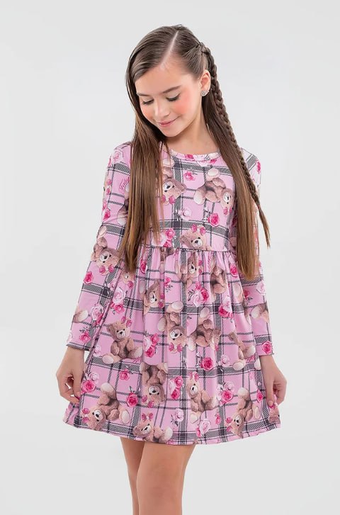 Vestido Infantil Ursinho Xadrez