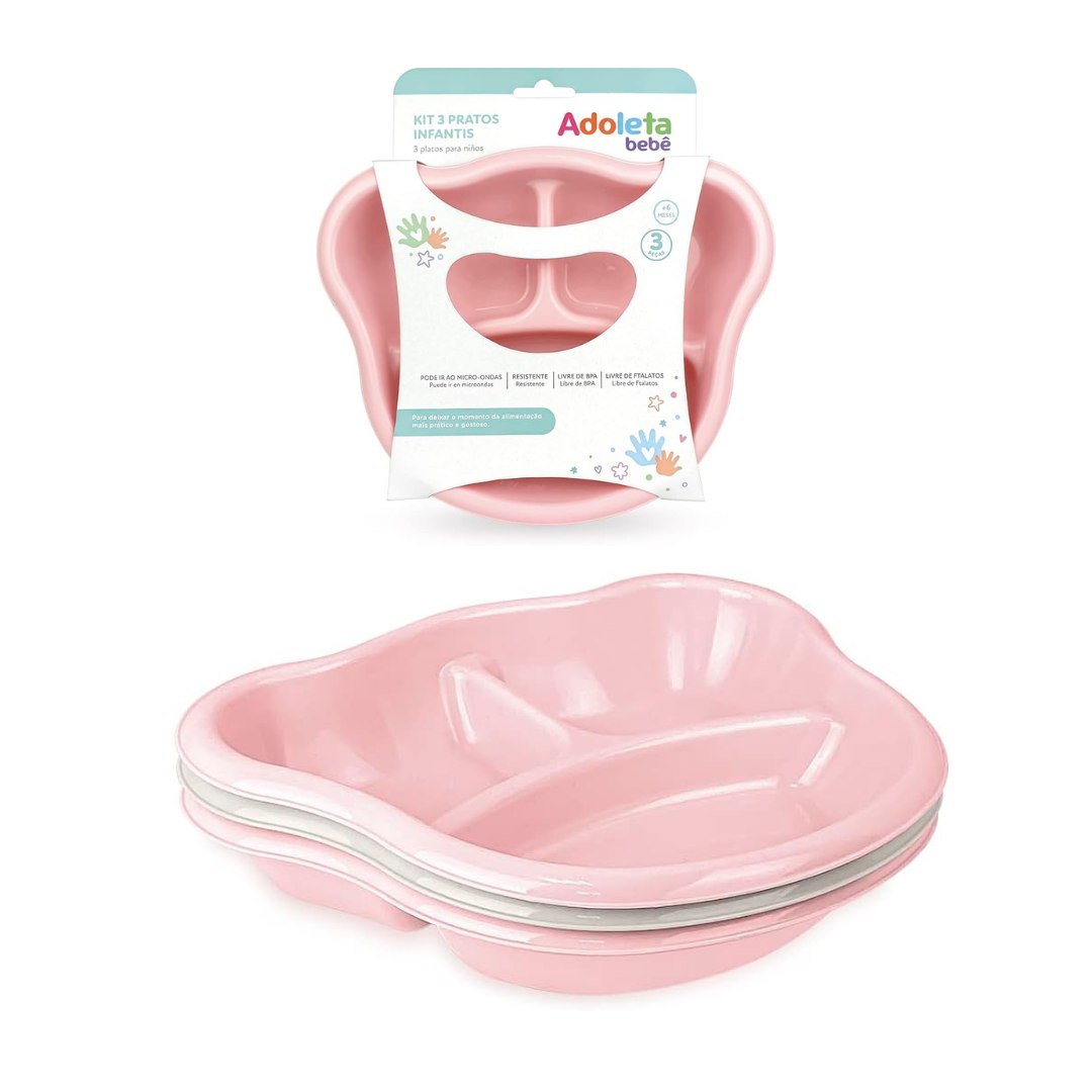 Adoleta Bebê Kit 03 pratos Infantis Rosa Claro