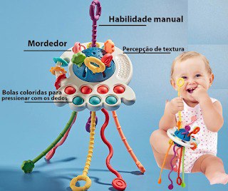 Brinquedo Montessori Sensorial Silicone Puxador Cordão Mão Bebê 4 em 1 Infantil