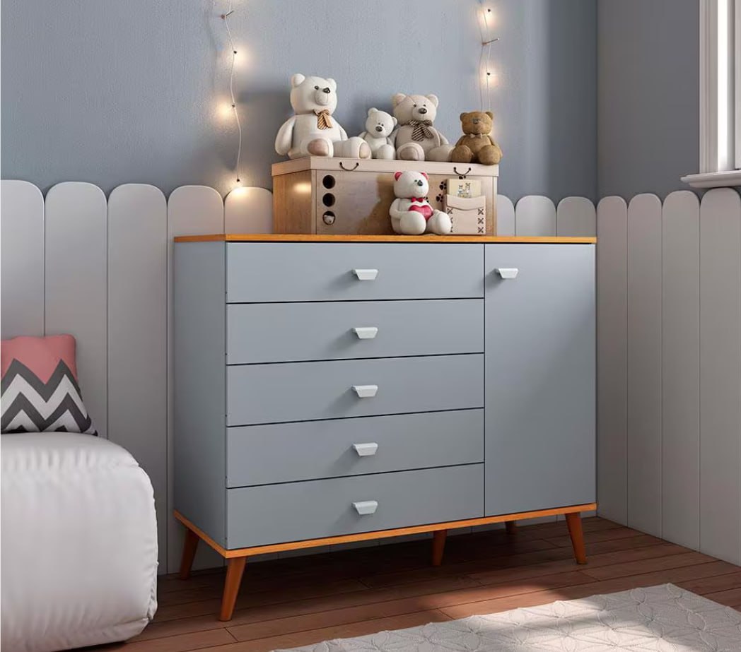 Cômoda Bartira Ternura 5 Gavetas e 1 Porta Azul Wood
