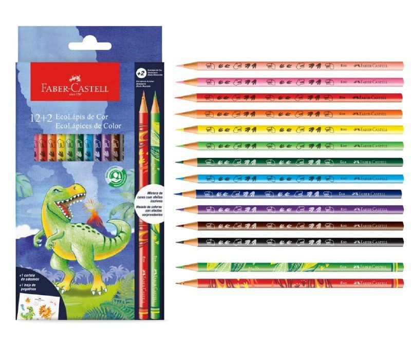 EcoLápis de Cor Faber-Castell Dinossauro 12 Cores + 2 Lápis Misturinha