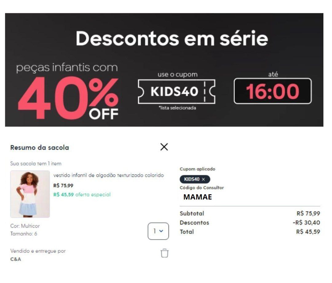 Flash Sale Kids na C&A! Lista com 40% off do cupom! Somente até as 16h!