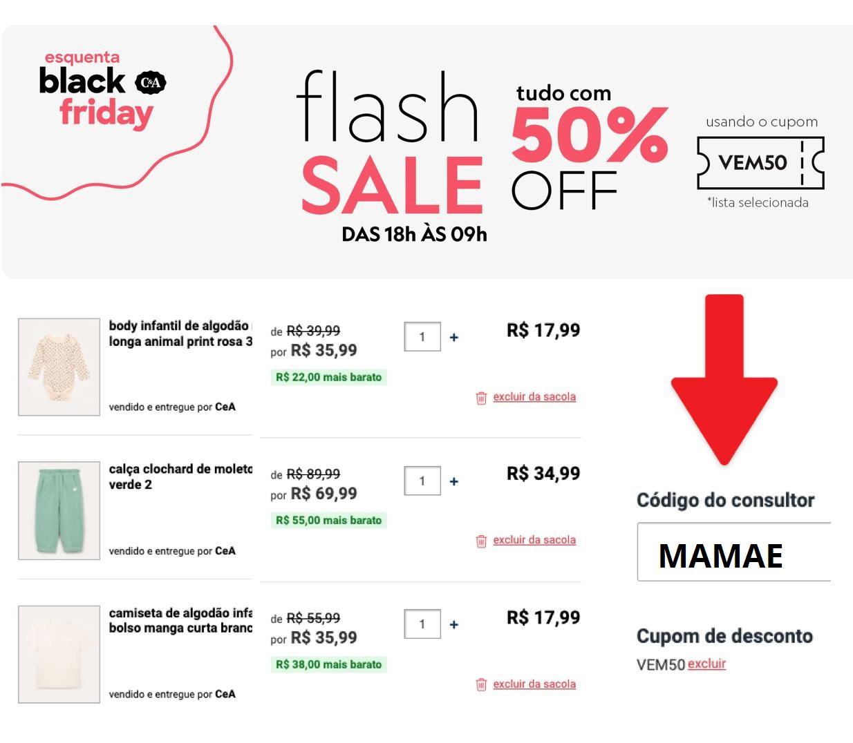 Flash Sale na C&A! Lista com 50% off sem mínimo de compra! Somente até às 09h de amanhã 🏃‍♀️