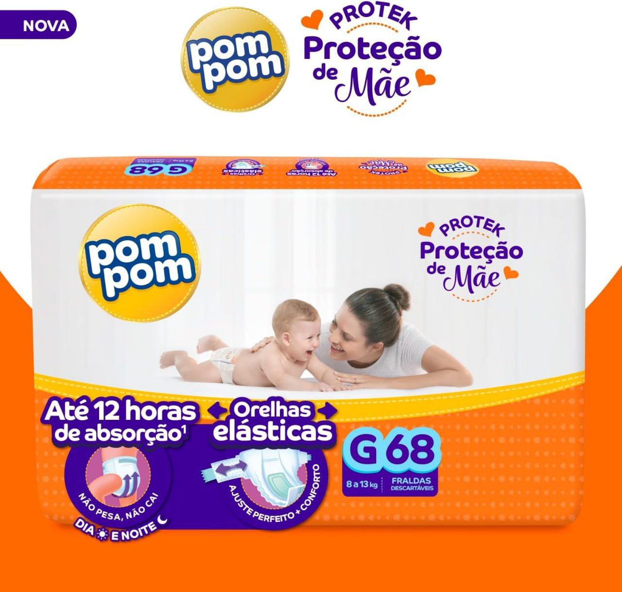 Fralda Pom Pom Protek Proteção de Mãe G 68 unidades