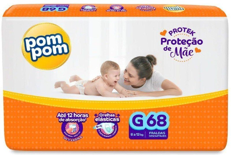 Fralda Pom Pom Protek Proteção de Mãe Hiper G 68 Unidades