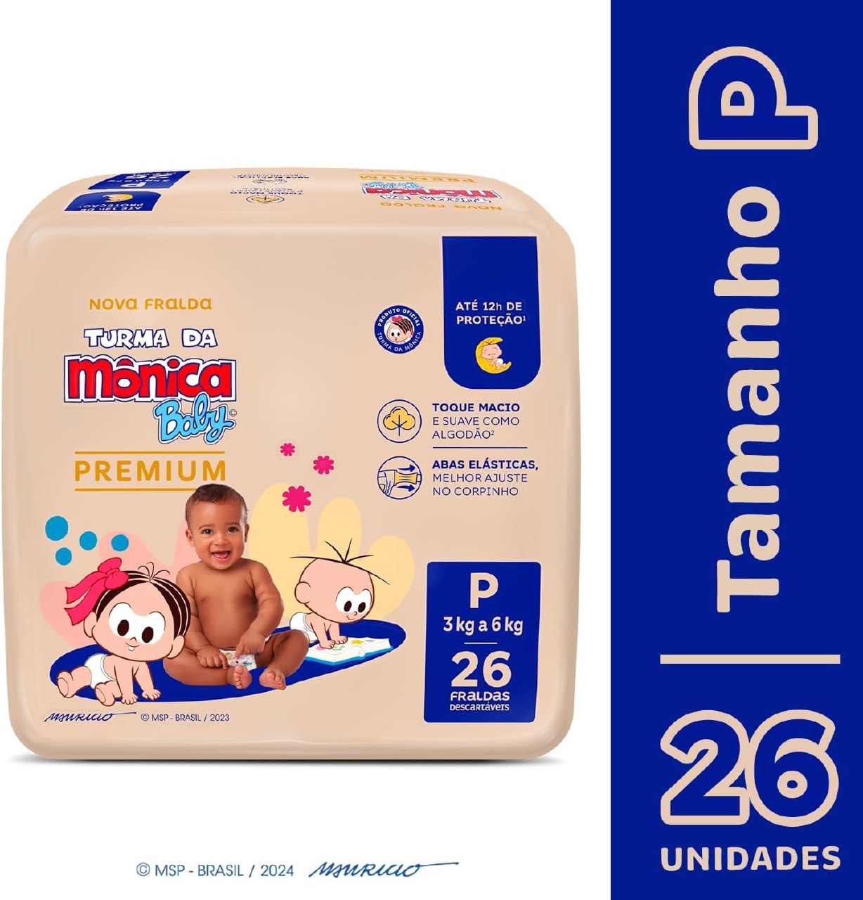 Fralda Turma da Mônica Baby Premium Jumbo P com 26 unidades