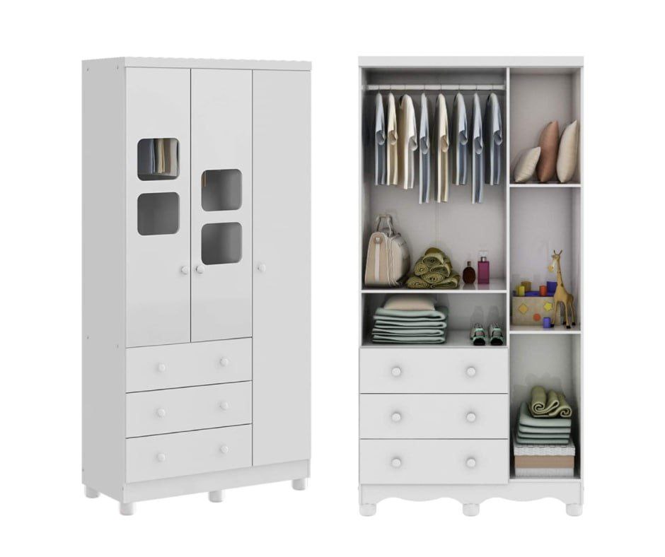 Guarda Roupa de Bebê 3 Portas 3 Gavetas Uli Móveis Peroba Branco Brilho