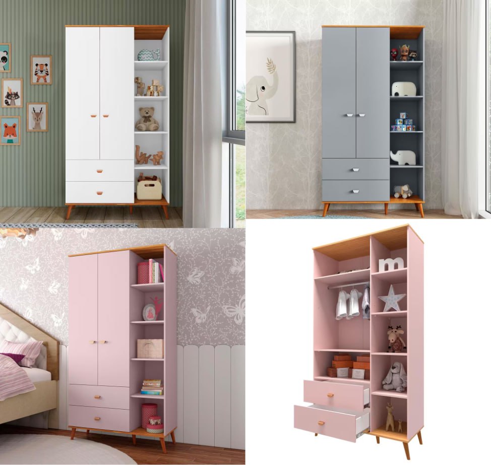 Guarda-Roupa Infantil Bartira Ternura com 5 Nichos, 2 Portas, 2 Gavetas