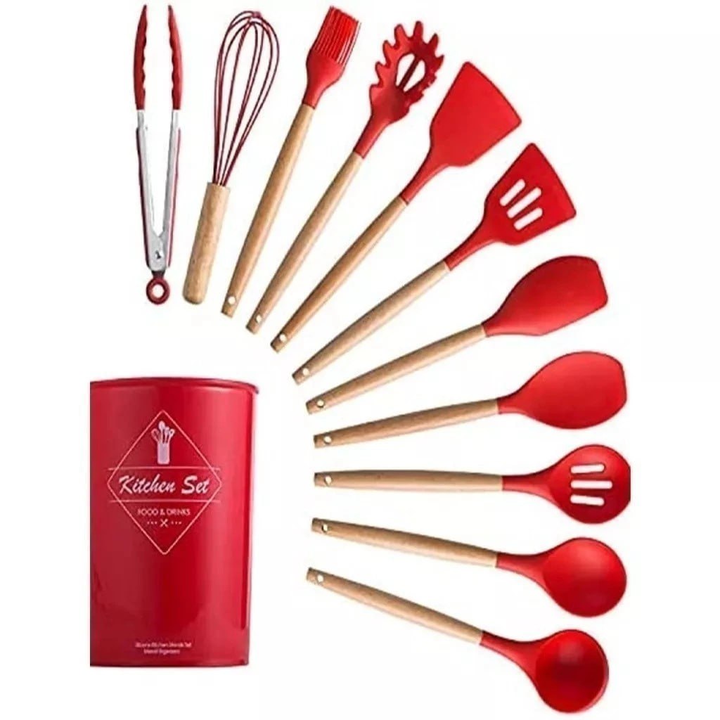 ✨Jogo de Cozinha Kit C/12 Peças de Silicone, Utensílios e Copo Suporte para Cozinha Cabo de Madeira