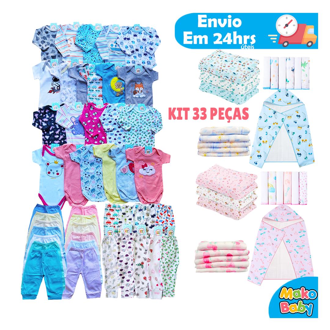 Kit 33 peças Enxoval Bebê Kit Maternidade Roupa Bebê Recem Nascido Menino e Menina 100% Algodão