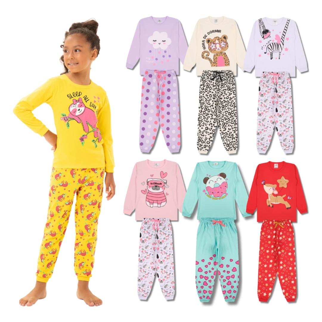 Kit 4 Peças Pijama Infantil Menina Manga Comprida Tamanho 1 ao 10 Atacado