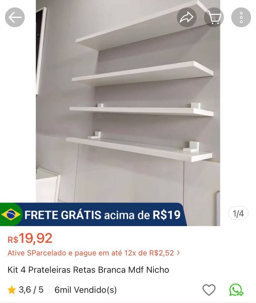 Kit 4 Prateleiras Retas Branca Mdf Nicho