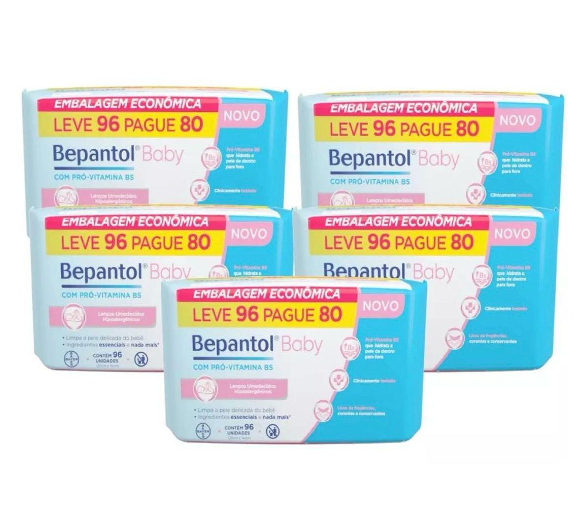 Kit 5 Lenços Umedecidos Bepantol 96 unidades cada (Total de 10 pacotinhos com 48 un cada)