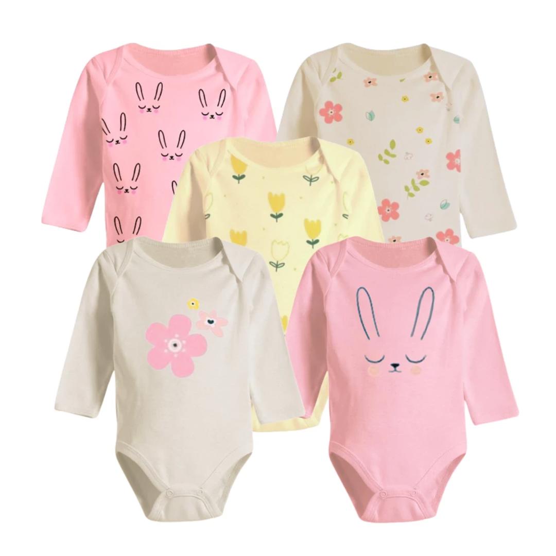 Kit 5 Peças Body Manga Longa Estampado Enxoval Roupa de Bebê
