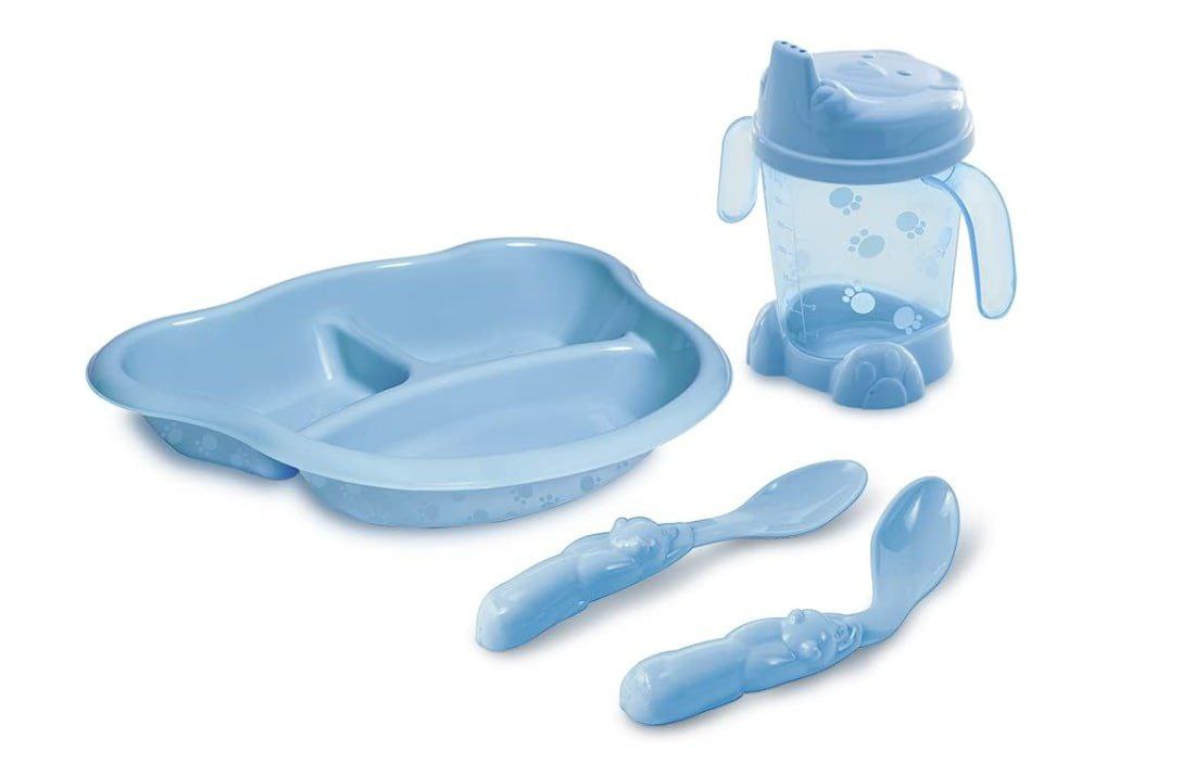 Kit Alimentação Prato com Divisórias, Porta-Suco e Colheres, Adoleta Bebê, Azul