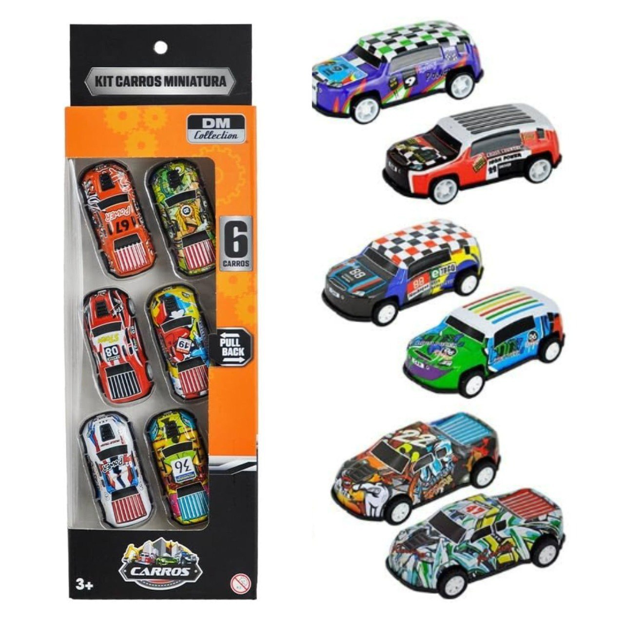Kit com 6 Mini Carrinhos Sport Pull Back Metal 7,5cm DM Collection